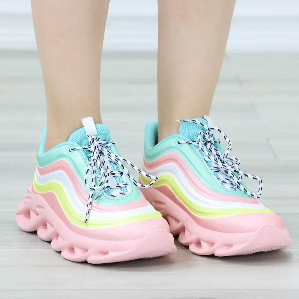 Rainbow Sneakers Fashion Comfortable Chunky Heel Shoes Slip Ons - Picture 10 of 12